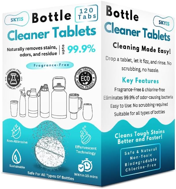 120-pcs Water Bottle Cleaner Tablets, Chlorine-free, Water Bottle cleaner, Tumbler washer and Glass bottle cleaner Removes stubborn stains and Freshens glass bottles and utensils