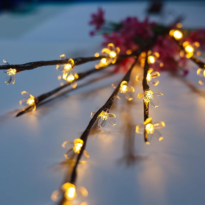 3 Pack Battery Lighted Branch Flowers Lights with 12 Colored 3D Butterfly Indoor Bedroom Decorations, Warm White 60 LED Artificial Cherry Blossom Twig Vase Filler Willow Tree Home Decor