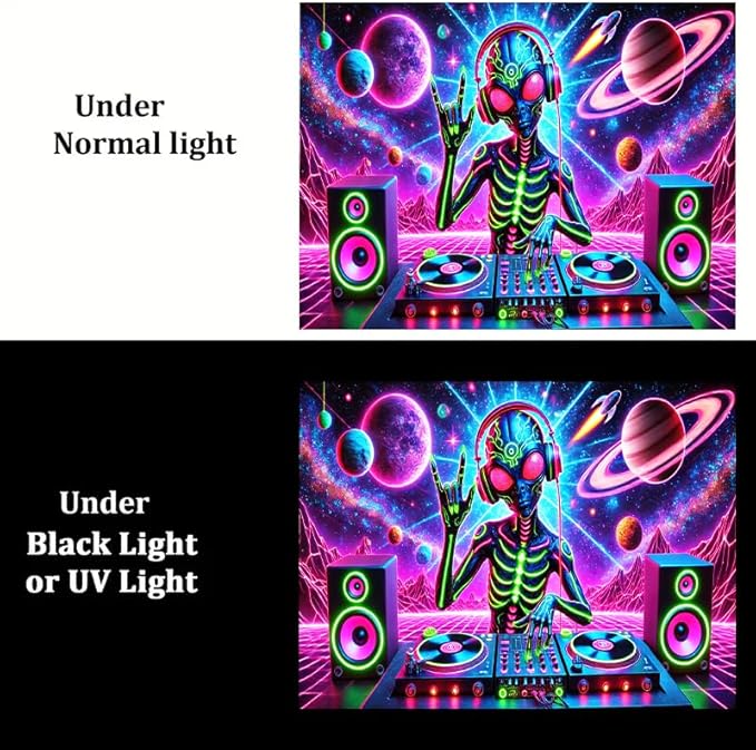 BlissYard Aliens Tapestry 78x59 Inch Blacklight DJ Aliens Tapestry Alien Tapestry for Men Guys Bedroom UV Reactive Alien Wall Tapestry Hanging Art Tapestry Room Decor Aesthetics Party Poster Banner