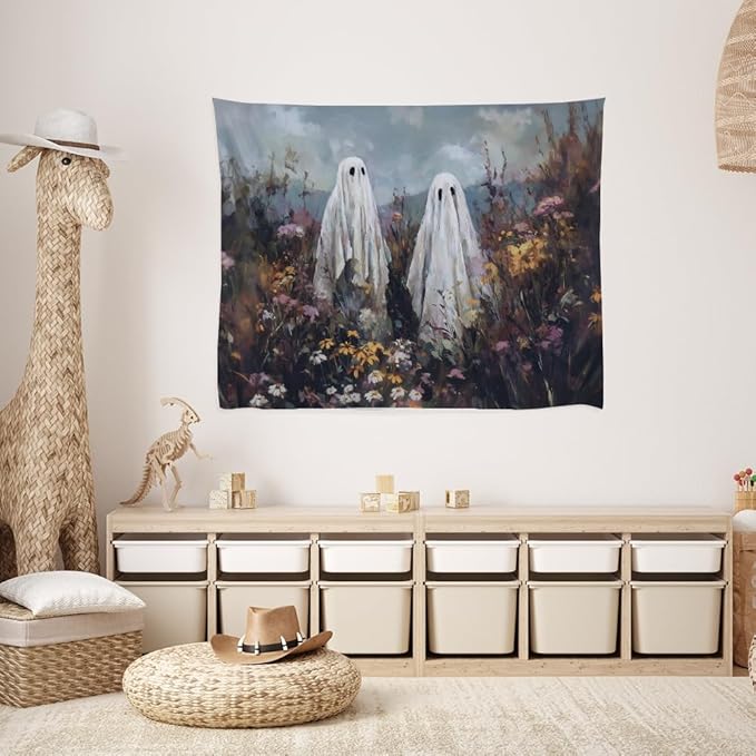 Halloween Ghosts in Wildflowers Tapestry Wall Hanging Spooky Cute Ghost Floral Tapestries Victoria Moody Artwork Aesthetic Print for Goth Living Room Bedroom wall Decor 70x90inch