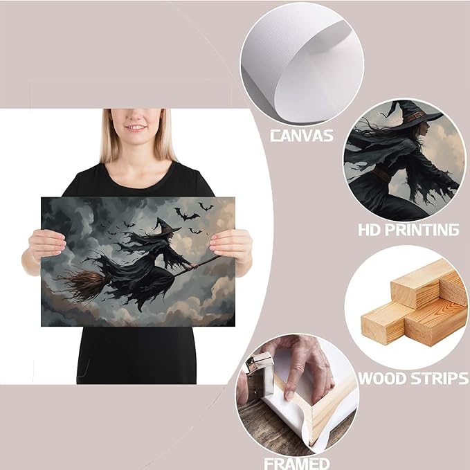 Witch and bat flying Halloween poster suitable for home party wall decoration retro Halloween preppy style wall art canvas print suitable for room decoration12x16in Wood Framed