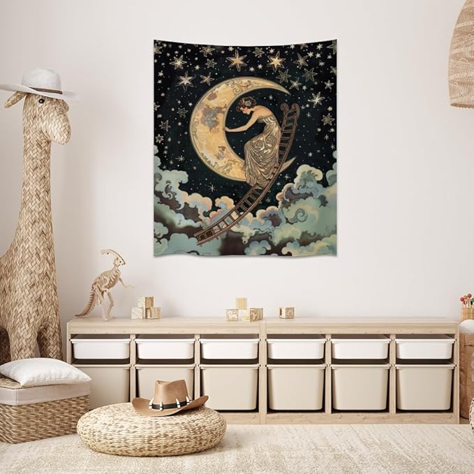 Dark Academia Gothic Aesthetic Tapestry ladder to The Moon and Stars Wall Hanging Print Trendy Vintage Art Nouveau Tapestries Decor for Home Bedroom Living Room 70x90inch