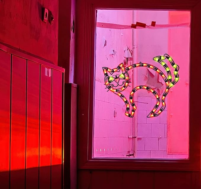 17" Lighted CAT Halloween Window Silhouette Decoration,Halloween Lighted Window Decoration,Hanging Light Up Holiday Ornament,Cat Light