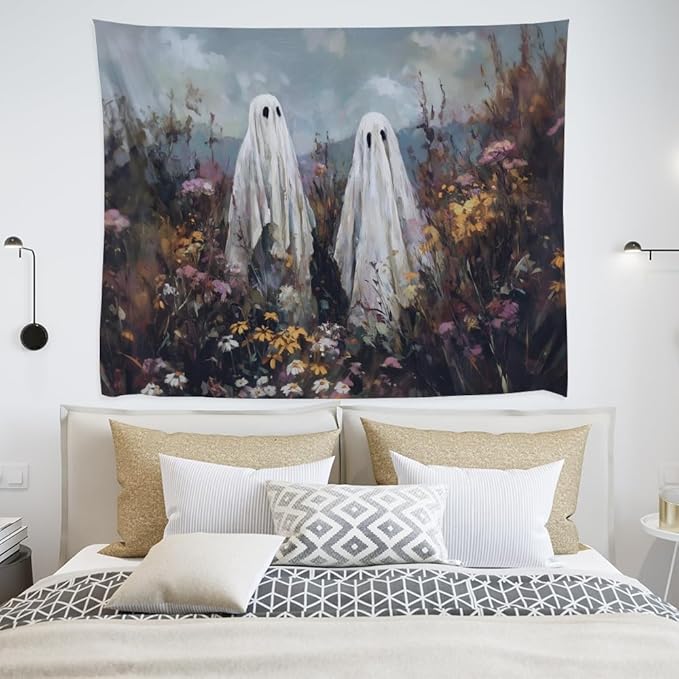 Halloween Ghosts in Wildflowers Tapestry Wall Hanging Spooky Cute Ghost Floral Tapestries Victoria Moody Artwork Aesthetic Print for Goth Living Room Bedroom wall Decor 30x40inch
