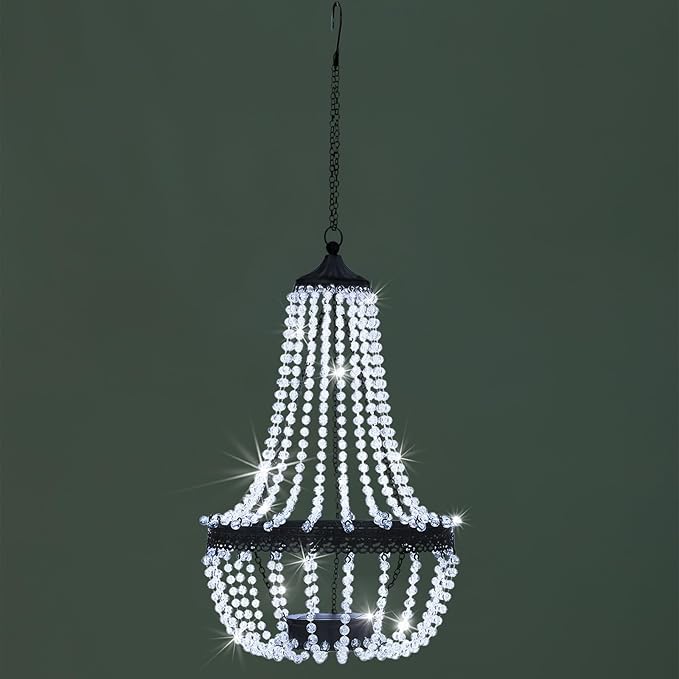 Hanging Solar Chandelier Outdoor, 30 Cool White Lights Acrylic Clear Beaded Chandelier with S Hooks Modern Lantern for Garden Yard Patio Gazebo Decorations, 28”H