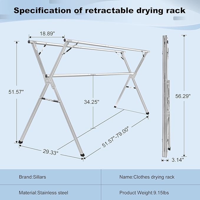 Sarahipe Sillars Clothes Drying Rack, 94.5 inches Laundry Drying Rack Clothing Foldable & Collapsible Stainless Steel Heavy Duty Clothing Drying Rack with Windproof Hooks for Indoor Outdoor