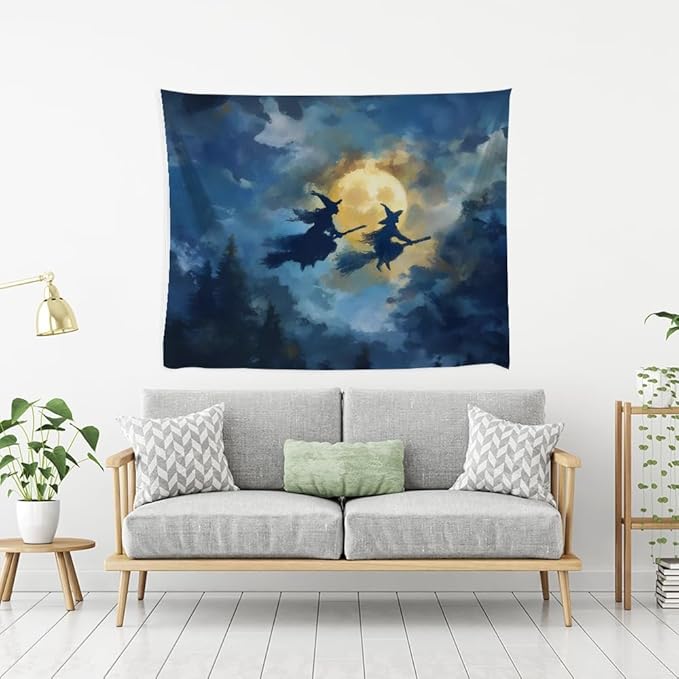Spooky Halloween Witch Tapestry Wall Hanging Dark Fantasy Night Sky Aesthetic Print Flying Witches Under Full Moon Tapestries Horror Ghost Halloween Party Decor for Living Room Bedroom 60x80inch