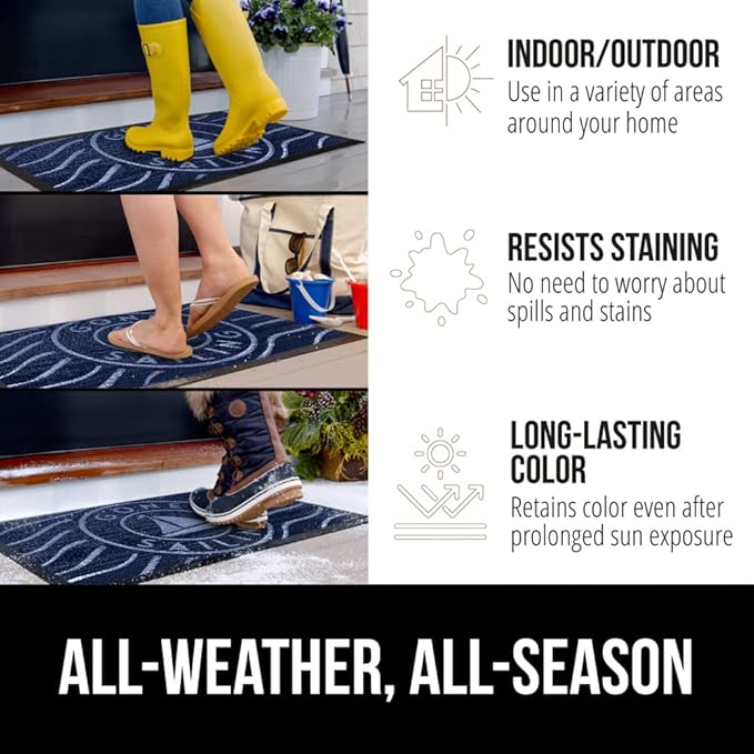 GORILLA GRIP 100% Waterproof All-Season WeatherMax Doormat US Designed Natural Rubber, Stain and Fade Resistant, Low Profile Indoor Outdoor Door Mats, Easy Clean Patio Mat, 17x29, Blue Sailing