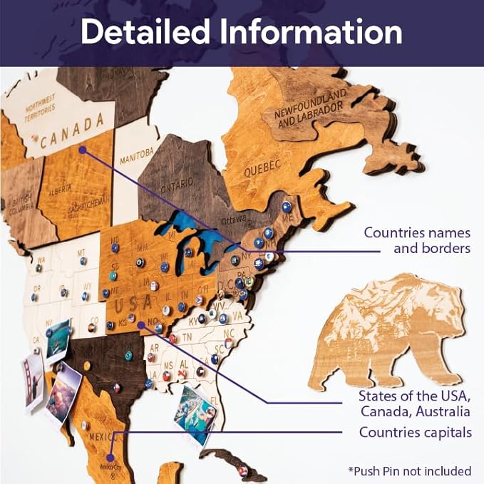 HYPERI Multilayered 3D Wooden World Map Wall Decor, Wood Art Wall Decor, Mapa Mundi Para Pared, World Maps and Push Pins, Valentine's Day Gifts For Dad, Mom, Boss, Husband, Wife (Large)