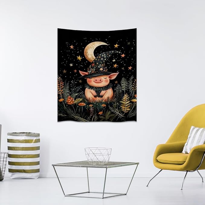 Whimsical Witch Pig Tapestry Wall Hanging Cute Farmhouse Animal Tapestry Aesthetic Moon and Stars Pictures Print Cottagecore Witchy Halloween Artwork Tapestries Decor for Living Room Bedroom 70x90inch
