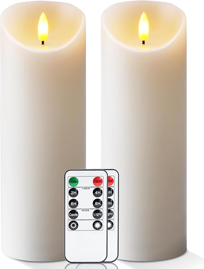 5plots 9" x 3" Flickering Flameless Candles - Battery Operated Wax LED Candles - Amber Yellow Light with Remote and Timers Set of 2, Ivory, for Home Decor, Candle Sconces