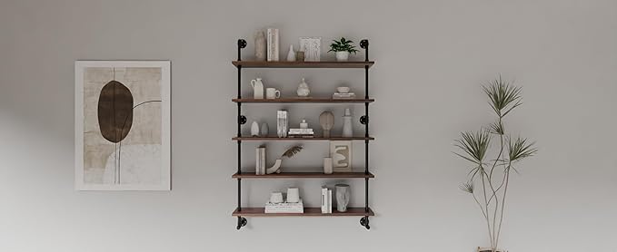 Industrial Pipe Wall Shelves Pipe Shelving with Real Wood Plank ,48 Inches Floating Shelves for Wall Farmhouse Pipe Book Shelves Dark Brown 5 Tier for Kitchen,Living Room Decor and Bar Shelving