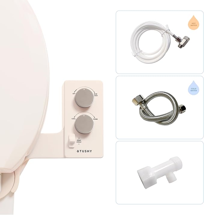 TUSHY Spa Self-Cleaning Warm Water Toilet Bidet Attachment. Adjustable Nozzle, Angle & Pressure Control. Easy DIY Home Install, Requires Sink Access for Optional Warm Water Control. (Biscuit/Platinum)