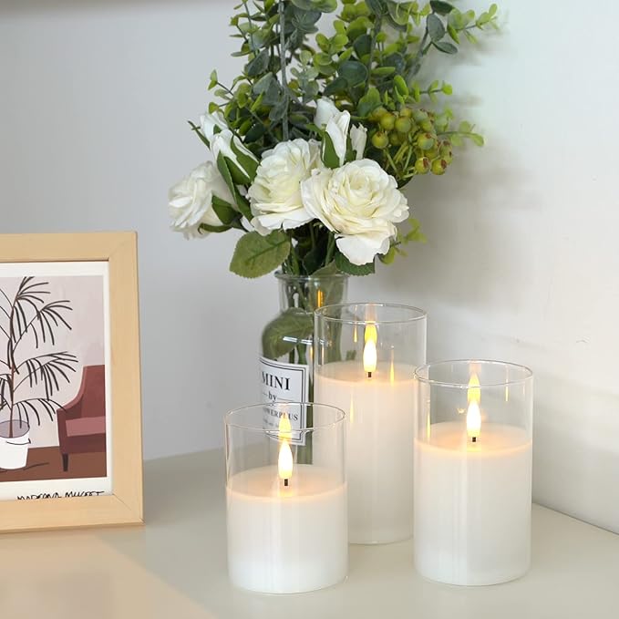 Amagic Clear Glass Flameless Candles Battery Operated with Timer, Remote Control, LED Pillar Candles, Battery Powered, Pure White Wax, Set of 3