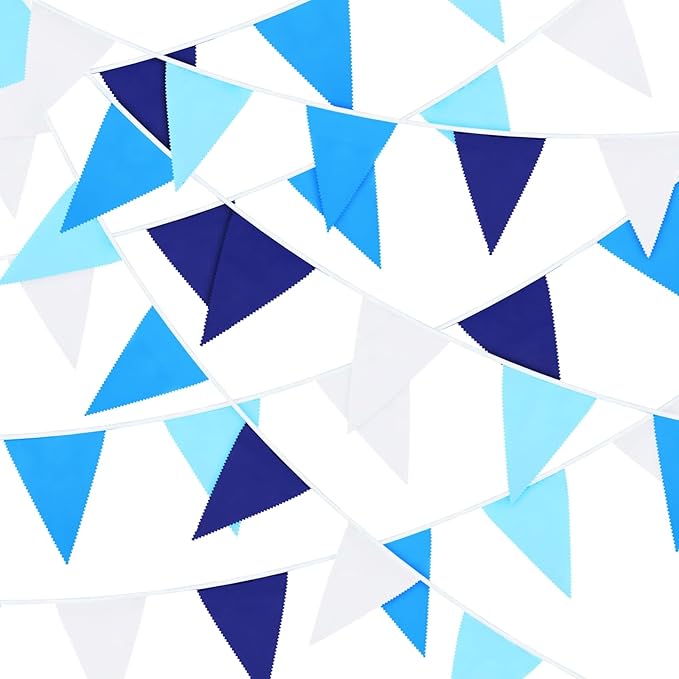 MARFOREVER 30 Pcs Royal Blue White Pennant Banner Flags, Blue Party Decorations Fabric Triangle Flag Bunting Garland for Outdoor Garden Birthday Wedding Bridal Baby Shower Nautical Party Supplies