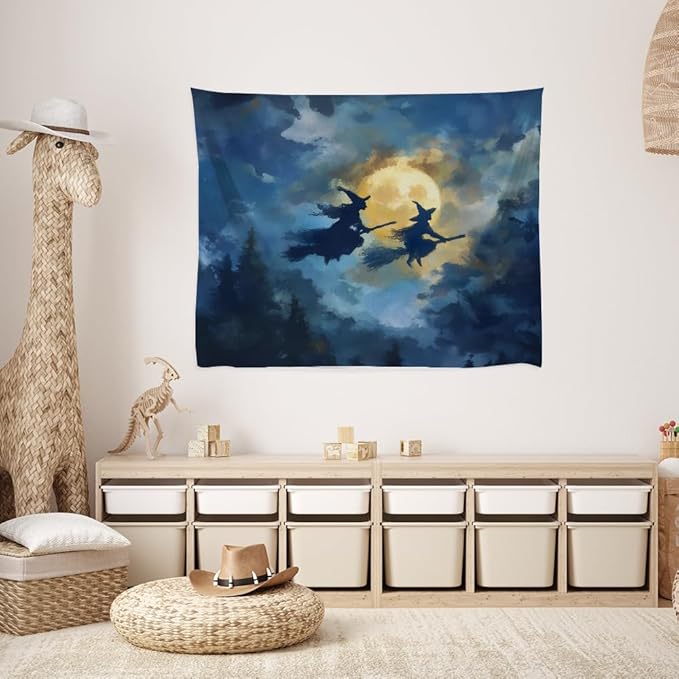 Spooky Halloween Witch Tapestry Wall Hanging Dark Fantasy Night Sky Aesthetic Print Flying Witches Under Full Moon Tapestries Horror Ghost Halloween Party Decor for Living Room Bedroom 30x40inch