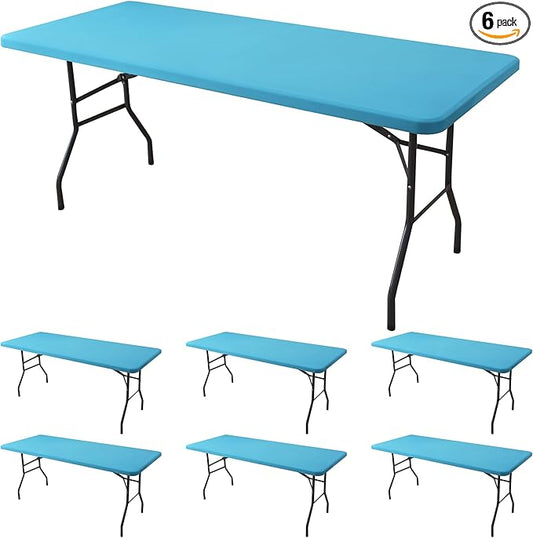Fitted Tablecloth for 8 Foot Rectangle-6 Pack Light Blue Elastic Outdoor Picnic Table Cover-Spandex Stretch Folding Table Cloths 8ft for Camping Dining Room Patio Kitchen Banquet Party