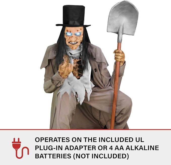 Haunted Hill Farm Motion-Activated Crouching Grave Digger by Tekky, Talking Halloween Animatronic for Indoor or Covered Outdoor Creepy Halloween Decorations, Plug-in or Battery Operated Fright Props