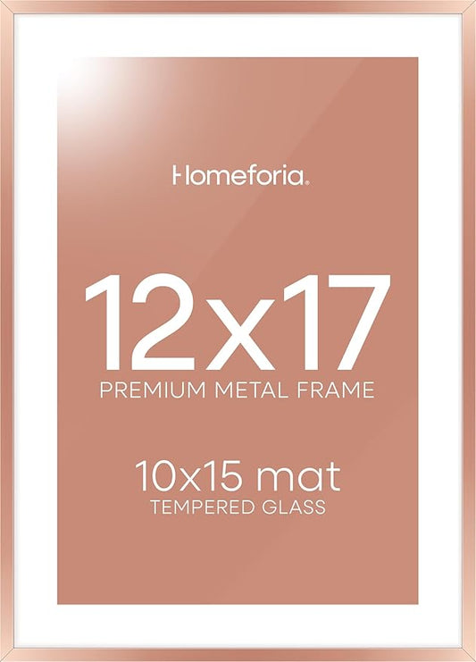 Homeforia 12x17 Picture Frame Rose Gold, High End Metal 12x17 Poster Frames with Mat 10x15 Photo, 12 x 17 Rose Gold Frame Matted to 10 by 15 Print, 17x12 Thin Frame, Tempered Glass, Wall Kit, Set of 1