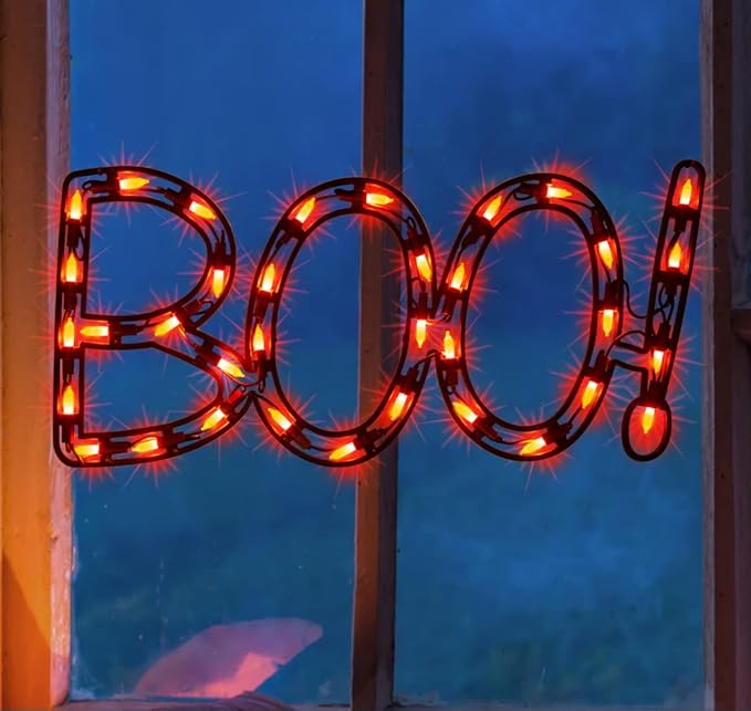 13.3" Lighted Boo Halloween Window Silhouette Decoration,Halloween Lighted Window Decoration,Hanging Light Up Holiday Ornament