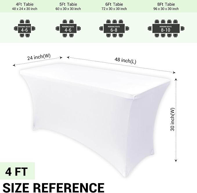 Obstal 4ft Stretch Spandex Table Cover - 4 Pack Universal Rectangular Fitted Tablecloth Protector for Wedding, Banquet and Party, White