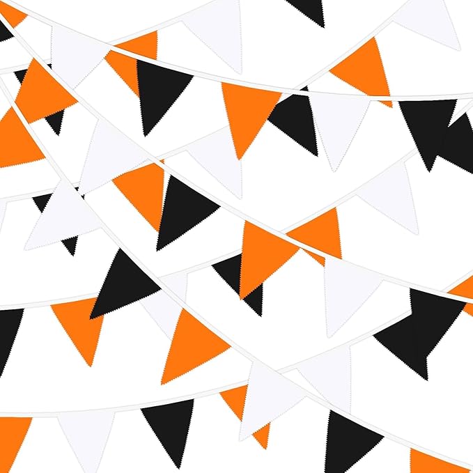 MARFOREVER Orange Black White Halloween Pennant Banner, 30Pcs Fabric Triangle Flags Bunting Garland Halloween Hanging Decorations for Garden Baby Shower Thanksgiving Wedding Outdoor Indoor Supplies