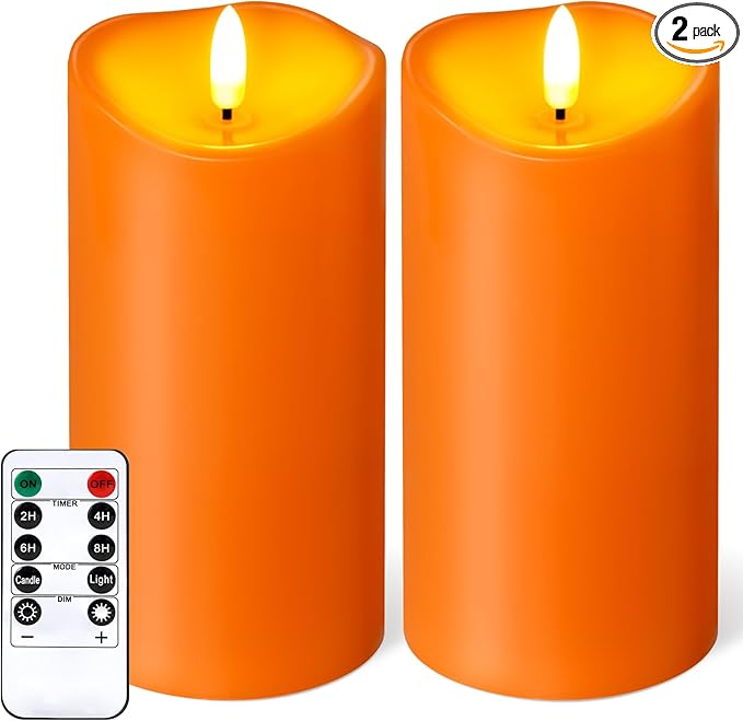 Outdoor Flameless Candles with Remote Timer - Waterproof Realistic Flickering LED Pillar Electric Battery Operated Fake Candle for Halloween Holiday Home Fireplace Decor - Orange 2 Pack (6"6")