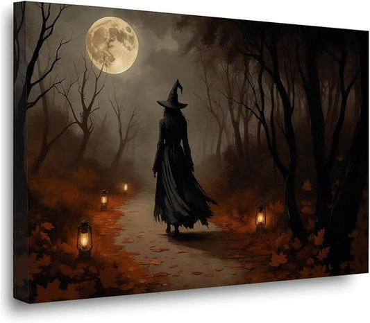 Moonlight witch poster dim lantern Halloween decoration Gothic style dark retro college style canvas wall art suitable for living room bedroom24x36in Wood Framed
