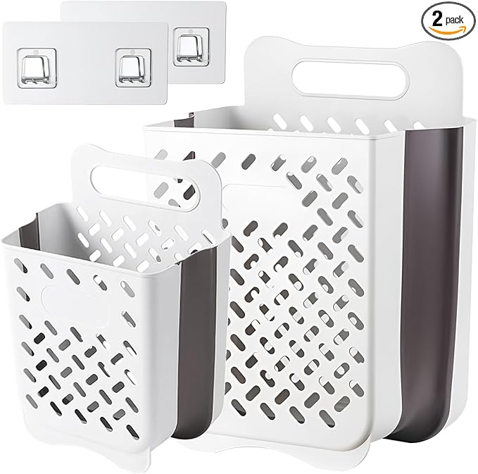 Plastic Collapsible Hanging Laundry Baskets with Carry Handle, Space-Saving Wall Hanging Laundry Basket Durable Tall Folding Plastic Laundry Hamper Waterproof Dirty Clothes Organizer XL+L
