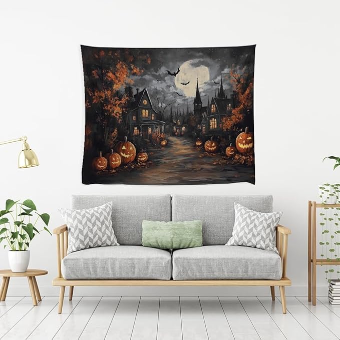 Spooky Halloween Tapestry Haunted Home Bats Pumpkin Tapestry Wall Hanging Dark Academia Fall Full Moon Decor Gothic Ghost Tapestries for bedroom Living Room Decoration 70x90inch