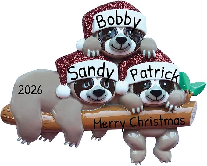 3D Sloth Family of 3 Christmas Ornament 2025 Personalized Family Christmas Ornaments 2025 | Stacked Sloth Keepsake Personalized Tree Ornaments Customizable Gifts Hanging on Log of Three Ornament