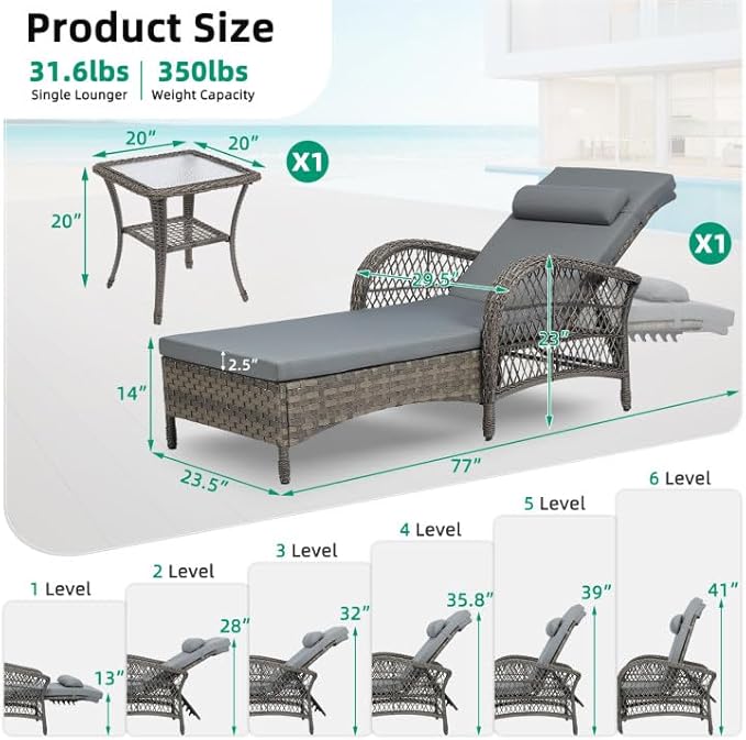 VIVIJASON Outdoor Wicker Chaise Lounge Chair, All-Weather PE Rattan Cushioned Patio Lounger Set with Side Table, 6-Position Adjustable Outside Pool Sunbathing Recliner with Armrest & Pillow, Gray