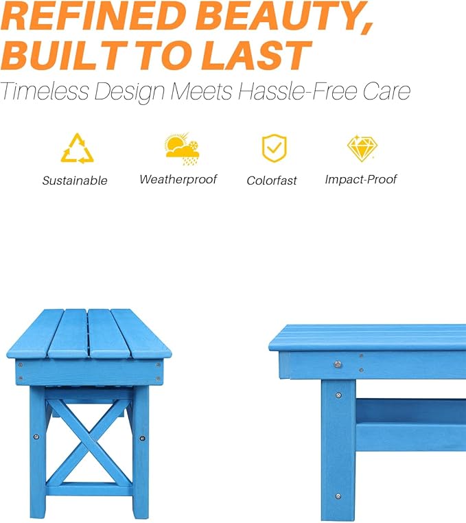 HDPE Outdoor Bench, 55" Patio Bench Outdoor Furniture, Poly Lumber Adirondack Benches, All Weather HDPE Patio Garden Backless Benches for Park, Poolside, Deck, Porch, Sky Blue