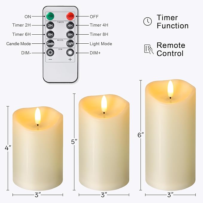 NURADA Outdoor Flameless Candles with Remote Timer - Waterproof Realistic Flickering LED Pillar Electric Battery Operated Fake Candle for Holiday Home Wedding Fireplace Decor - 3 Pack Ivory