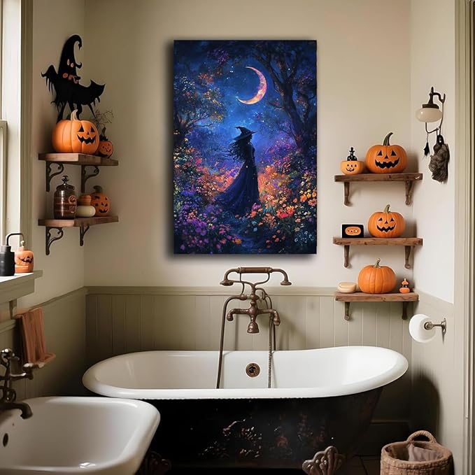 Vintage Halloween Witch Decor Mystic Gothic Wall Art Poster,Enchanting Witch Fall Whimsical Wildflowers Woodland Forest Crescent Moon Picture Art,Creepy Witchy Home Decor,20"x30" Framed