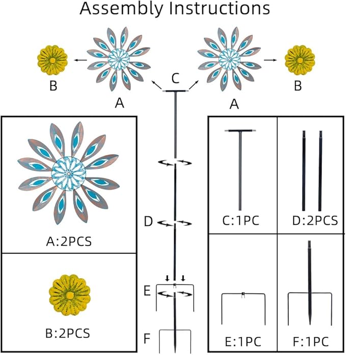 Viveta Wind Spinners,18 * 81" Large Outdoor Wind Spinner,Double-Side Wind Sculpture with 4 Sturdy Stake,Metal Windmill for Yard and Garden