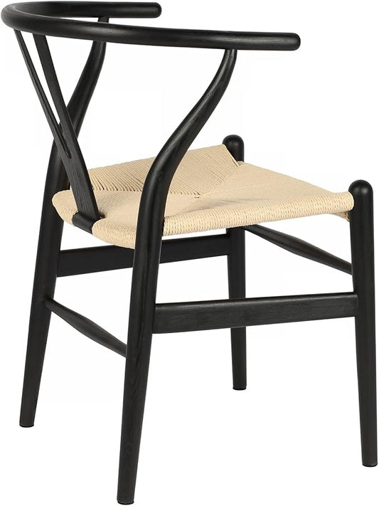 Tomile Solid Wood Wishbone Chair Y Chair Mid-Century Armrest Dining Chair, Hemp Seat (Ash-Black Frame + Natural Cord)