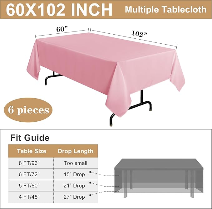 sancua 2 Pack Pink Tablecloth 60 x 102 Inch, Rectangle Table Cloth for 6 Feet Tables - Stain and Wrinkle Resistant Washable Polyester Table Cover for Dining Tables, Buffet Parties and Camping