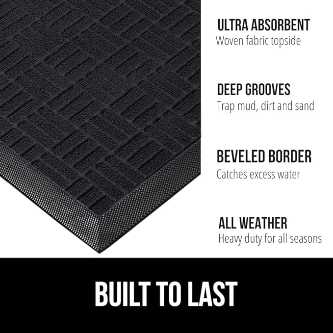 GORILLA GRIP 100% Waterproof All-Season WeatherMax Doormat, 72x24, US Designed Natural Rubber, Stain and Fade Resistant, Low Profile Indoor Outdoor Door Mats, Easy Clean Patio Mat, Black Maze
