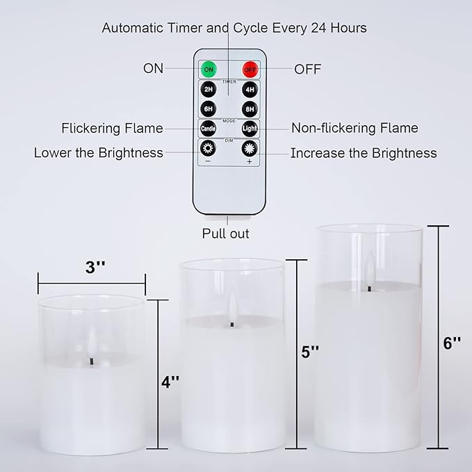Amagic Clear Glass Flameless Candles Battery Operated with Timer, Remote Control, LED Pillar Candles, Battery Powered, Pure White Wax, Set of 3