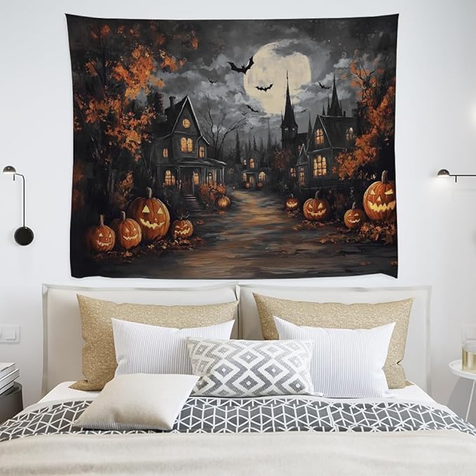 Spooky Halloween Tapestry Haunted Home Bats Pumpkin Tapestry Wall Hanging Dark Academia Fall Full Moon Decor Gothic Ghost Tapestries for bedroom Living Room Decoration 70x90inch