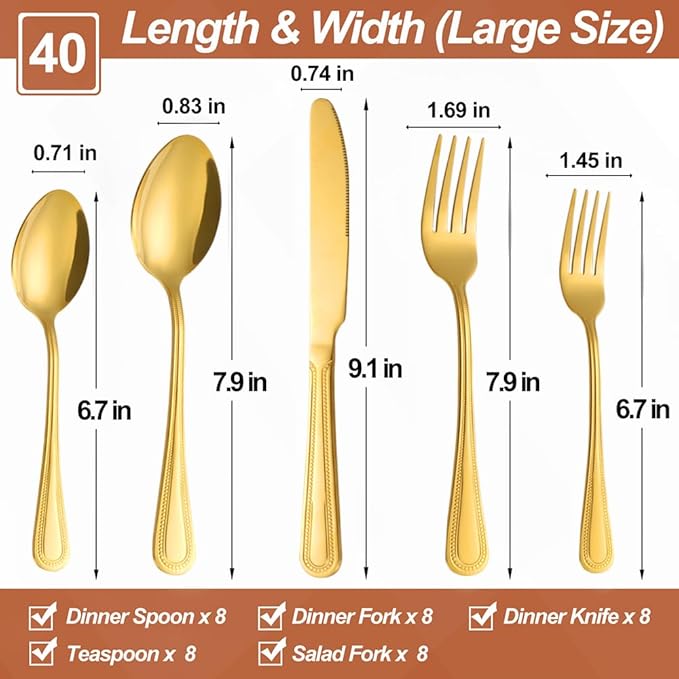 40 Pcs Gold Silverware Set for 8 with Pearled Edge Handle design, Food Grade Stainless Steel Flatware Set, Eating Utensils Sets Include Fork/Knife/Spoon, Reusable Cutlery Set, Dishwasher Safe