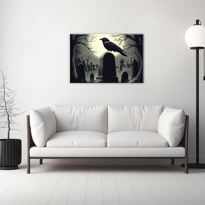 Crow Canvas Wall Art Gothic Black Bird On Branch Painting Print Spooky Forest Full Moon Scenery Poster Artwork Framed Halloween Home Decor(Artwork-3,24"x36")