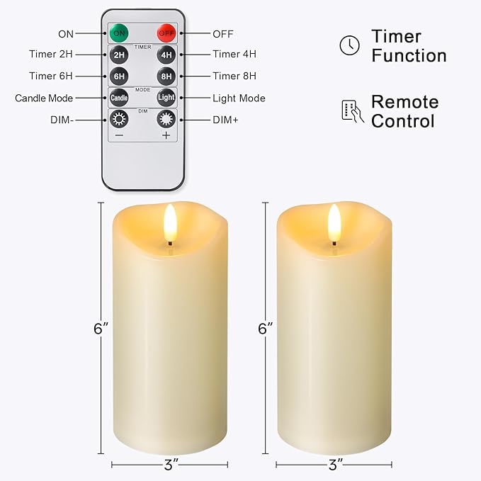 NURADA Outdoor Flameless Candles with Remote Timer - Waterproof Realistic Flickering LED Pillar Electric Battery Operated Fake Candle for Holiday Home Wedding Fireplace Decor - Ivory 2 Pack (6" 6")