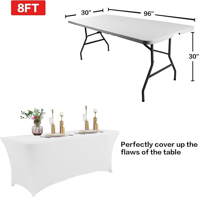 IVAPUPU 8FT Table Cloth for Rectangular Fitted Events Stretch White Table Covers Washable Spandex Spring Tablecloth Protector for Party, Wedding, Cocktail, Banquet, Festival