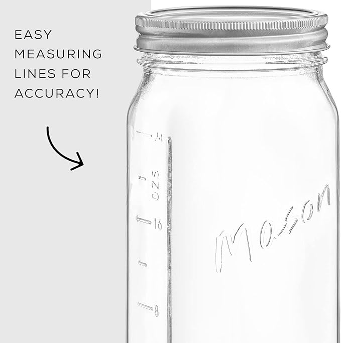 32 Oz Mason Jars With Lids, Labels and Measures! 6-Pack Wide Mouth Mason Jars, Glass Jar with Lid and Band. Airtight Canning Jars, Overnight Oats Jars, Salad Jars, Sourdough Starter Jar