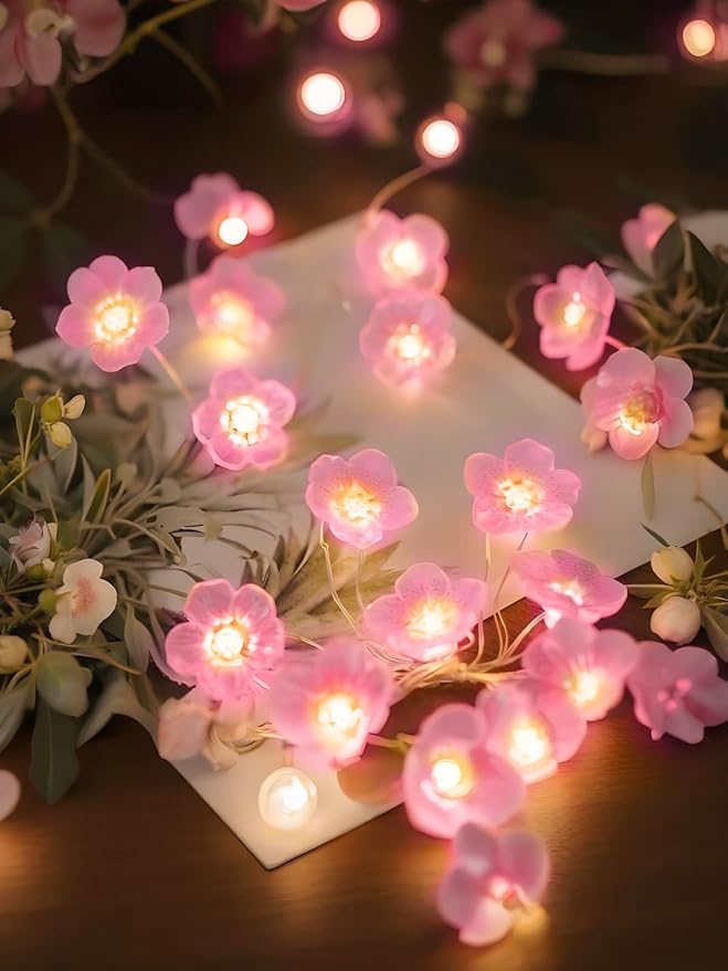 Cherry Blossom Flower String Lights for Bedroom, Pink Fairy Lights Battery Operated with Remote & 8 Modes & Timer, 10ft 30 LED Waterproof String Light Indoor Outdoor for Wedding Home Christmas Decor