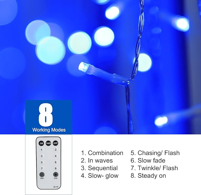Brightown Blue Icicle Lights, 66Ft 736 LED Outdoor with 138 Drops, 8 Modes Remote and Timer for Halloween, Hanukkah