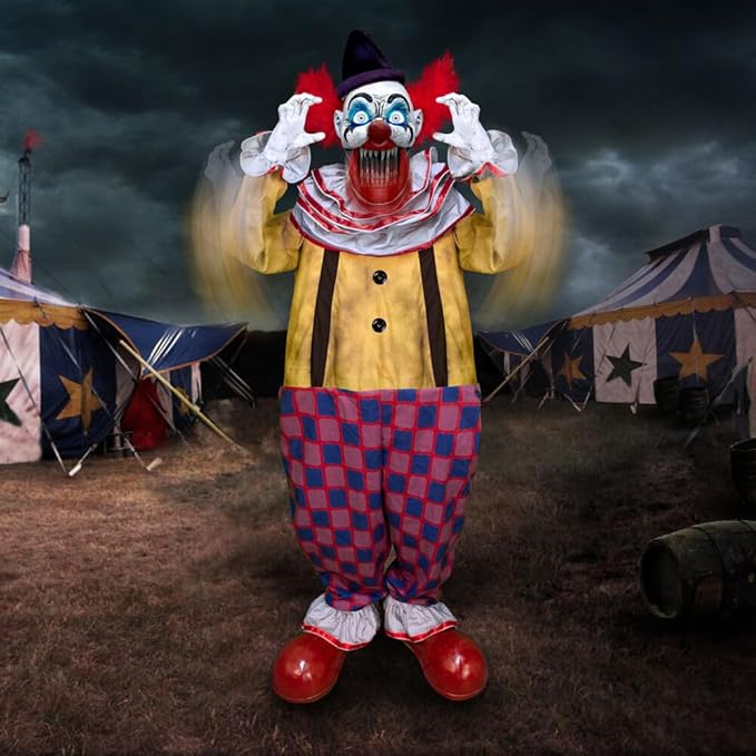 Haunted Hill Farm Motion-Activated Startling Arms Clown by Tekky, Talking Scare Prop Halloween Animatronic for Indoor or Covered Outdoor Creepy Halloween Decorations, Plug-in or Battery Operated