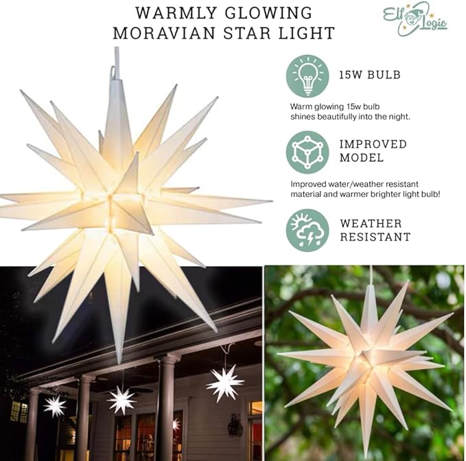 Elf Logic 12" Bright White LED Moravian Star Tree Topper - Hanging Outdoor/Indoor Christmas Tree Star Topper Light - Use as Holiday Decoration, Porch Light, Wedding and Ballroom Venue Decor